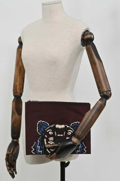 Burgundy tiger-embroidered canvas zip pouch