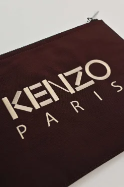 Burgundy tiger-embroidered canvas zip pouch
