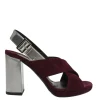 Burgundy velvet and leather block heel platform slingback sandals with criss-cross mignon straps