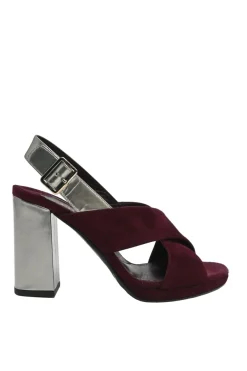 Burgundy velvet and leather block heel platform slingback sandals with criss-cross mignon straps