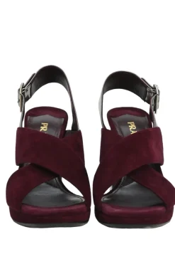 Burgundy velvet and leather block heel platform slingback sandals with criss-cross mignon straps