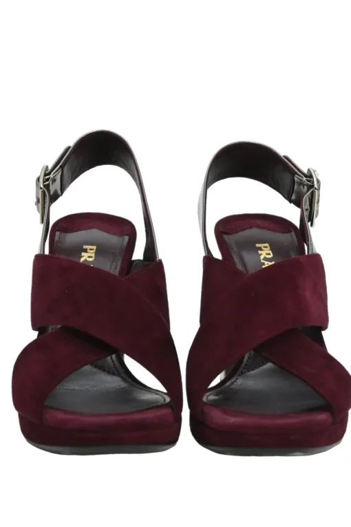 Burgundy velvet and leather block heel platform slingback sandals with criss-cross mignon straps