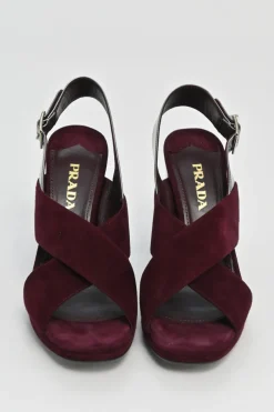Burgundy velvet and leather block heel platform slingback sandals with criss-cross mignon straps