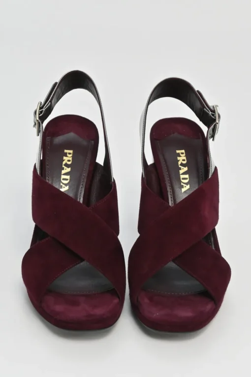 Burgundy velvet and leather block heel platform slingback sandals with criss-cross mignon straps