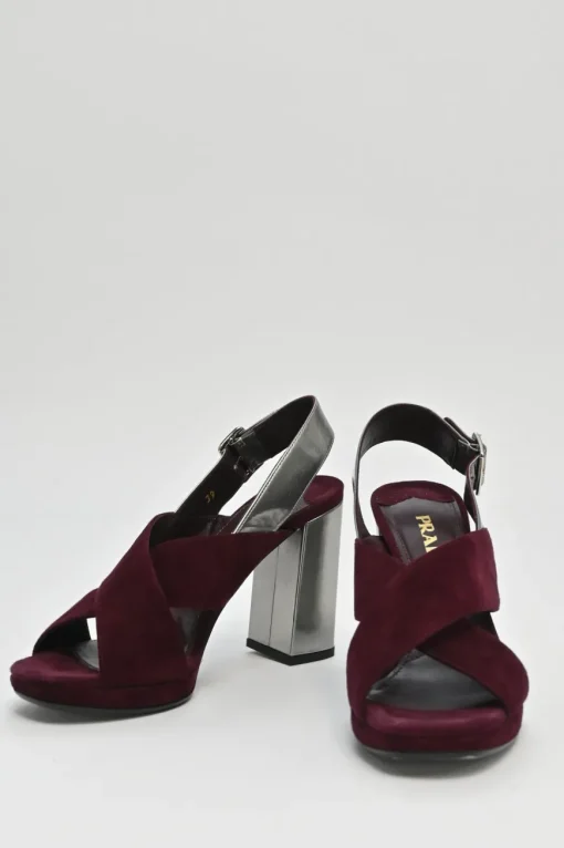 Burgundy velvet and leather block heel platform slingback sandals with criss-cross mignon straps