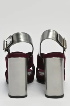 Burgundy velvet and leather block heel platform slingback sandals with criss-cross mignon straps