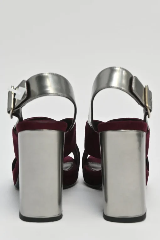 Burgundy velvet and leather block heel platform slingback sandals with criss-cross mignon straps