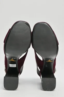 Burgundy velvet and leather block heel platform slingback sandals with criss-cross mignon straps