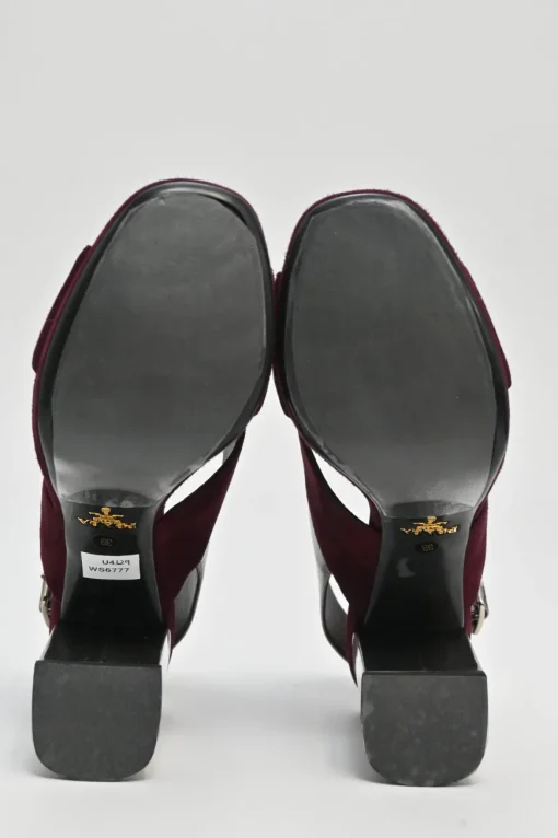 Burgundy velvet and leather block heel platform slingback sandals with criss-cross mignon straps