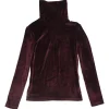 Burgundy velvet modal-blend turtleneck pullover long sleeve top