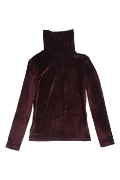 Burgundy velvet modal-blend turtleneck pullover long sleeve top