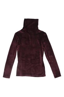 Burgundy velvet modal-blend turtleneck pullover long sleeve top