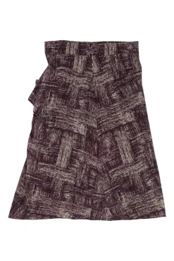 Burgundy viscose abstract check print pull-on high-rise A-line knee-length skirt