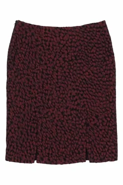 Burgundy viscose-blend abstract print pull-on gored mini skirt