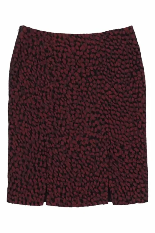 Burgundy viscose-blend abstract print pull-on gored mini skirt