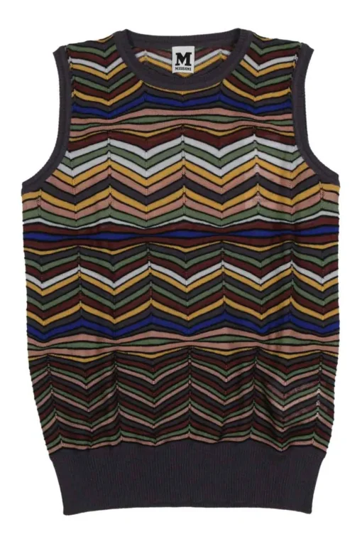 Burgundy wool-blend fully-fashioned warp knit patchwork chevron vest