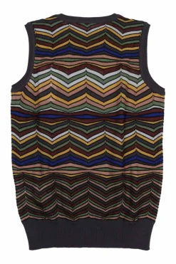 Burgundy wool-blend fully-fashioned warp knit patchwork chevron vest