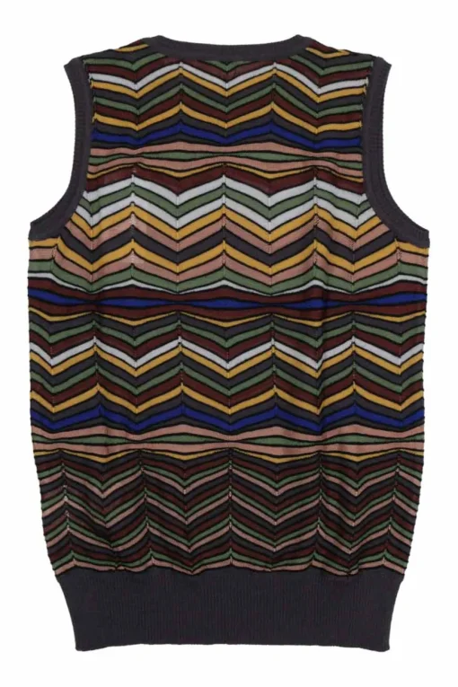 Burgundy wool-blend fully-fashioned warp knit patchwork chevron vest