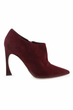 Burnt red suede and leather pointed toe zip-up comma heel ankle booties