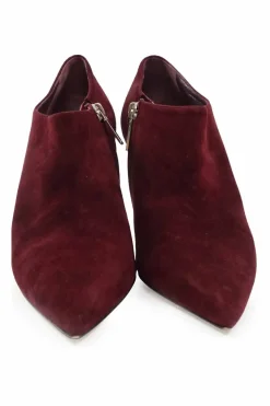 Burnt red suede and leather pointed toe zip-up comma heel ankle booties