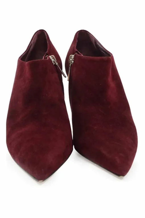 Burnt red suede and leather pointed toe zip-up comma heel ankle booties