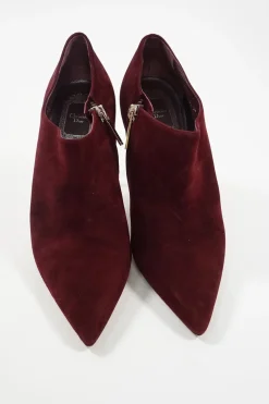 Burnt red suede and leather pointed toe zip-up comma heel ankle booties