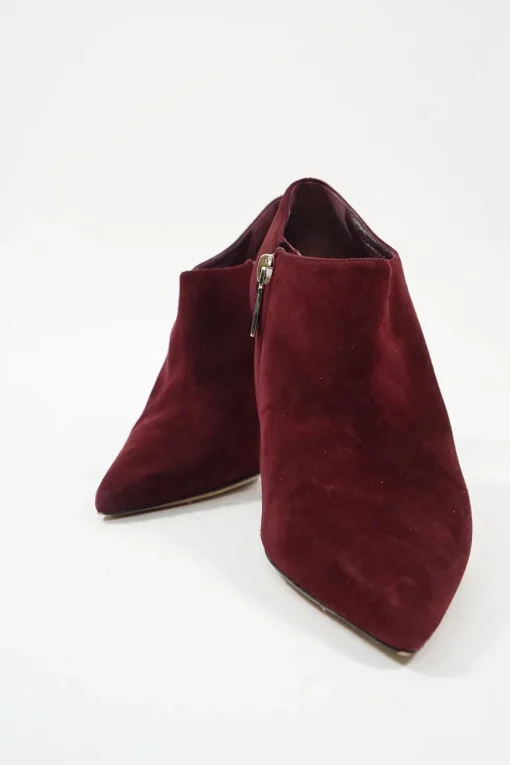 Burnt red suede and leather pointed toe zip-up comma heel ankle booties