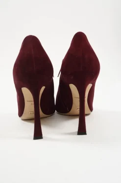 Burnt red suede and leather pointed toe zip-up comma heel ankle booties