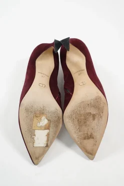 Burnt red suede and leather pointed toe zip-up comma heel ankle booties