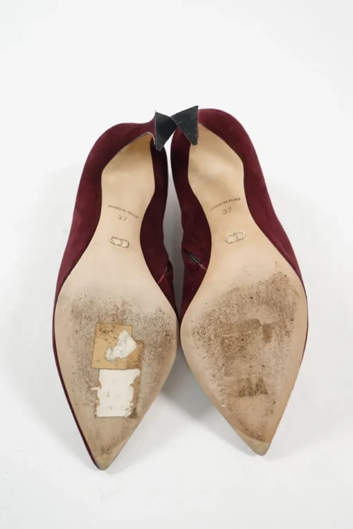 Burnt red suede and leather pointed toe zip-up comma heel ankle booties