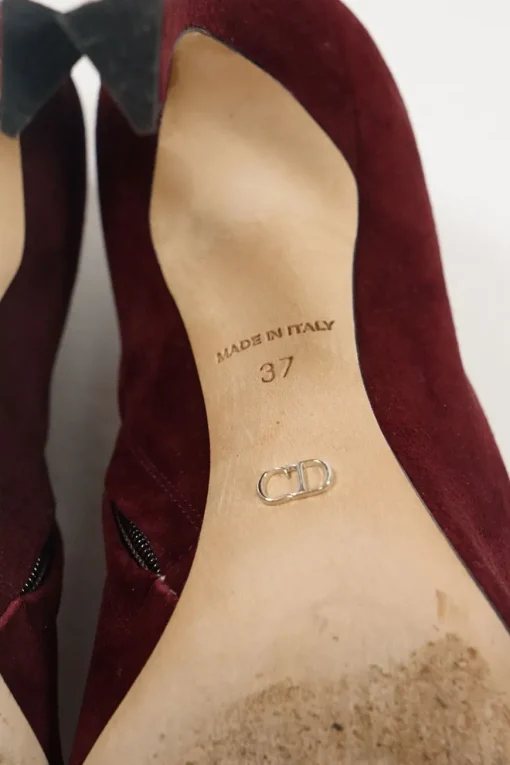 Burnt red suede and leather pointed toe zip-up comma heel ankle booties