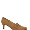 Camel almond-toe two-strap Mary Jane court pumps