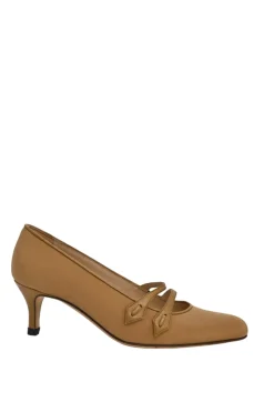 Camel almond-toe two-strap Mary Jane court pumps