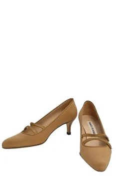 Camel almond-toe two-strap Mary Jane court pumps