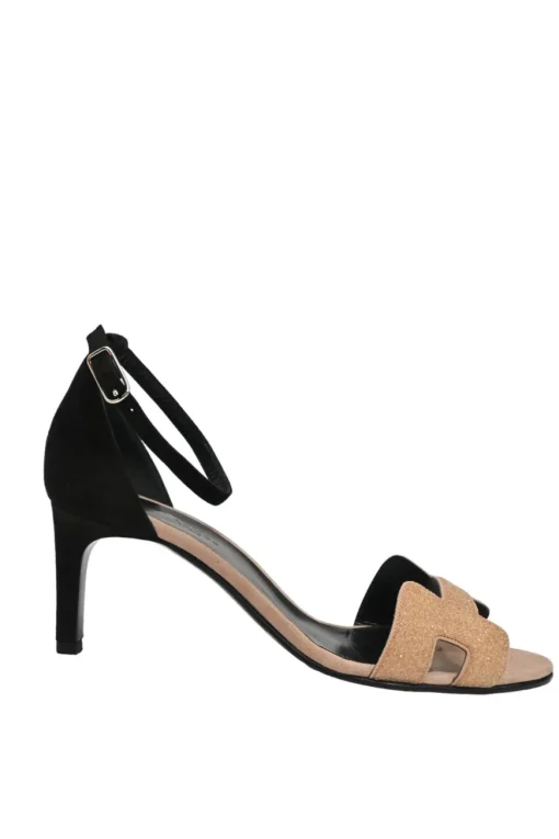 Camel and black glitter-bonded leather and suede almond-toe Premiere ankle strap sandals