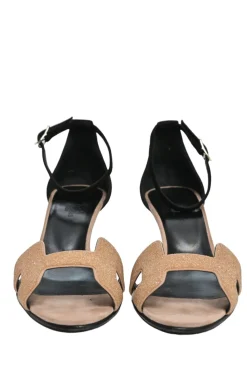 Camel and black glitter-bonded leather and suede almond-toe Premiere ankle strap sandals