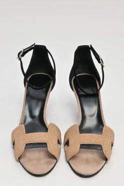 Camel and black glitter-bonded leather and suede almond-toe Premiere ankle strap sandals