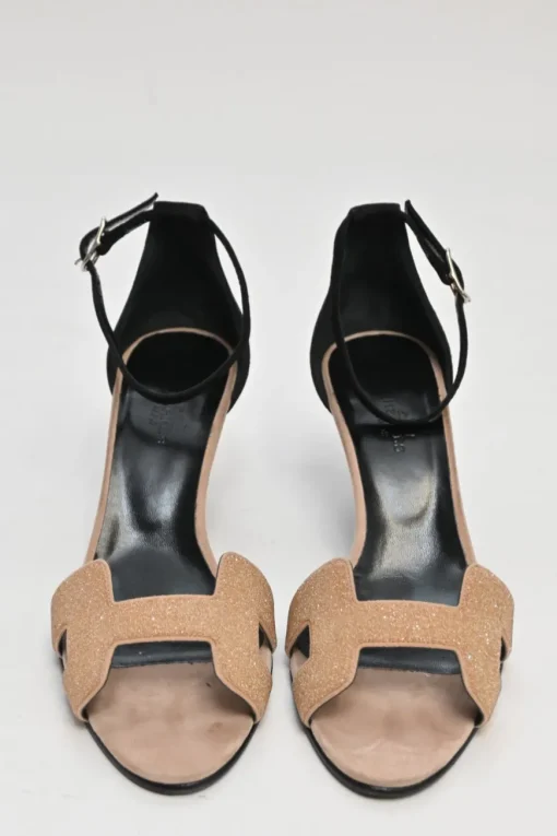 Camel and black glitter-bonded leather and suede almond-toe Premiere ankle strap sandals