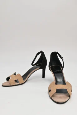 Camel and black glitter-bonded leather and suede almond-toe Premiere ankle strap sandals