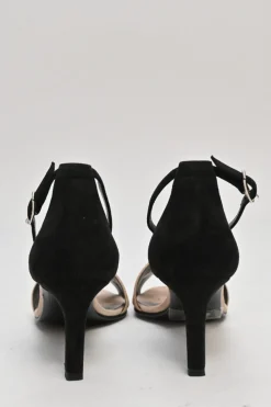 Camel and black glitter-bonded leather and suede almond-toe Premiere ankle strap sandals