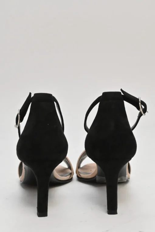 Camel and black glitter-bonded leather and suede almond-toe Premiere ankle strap sandals