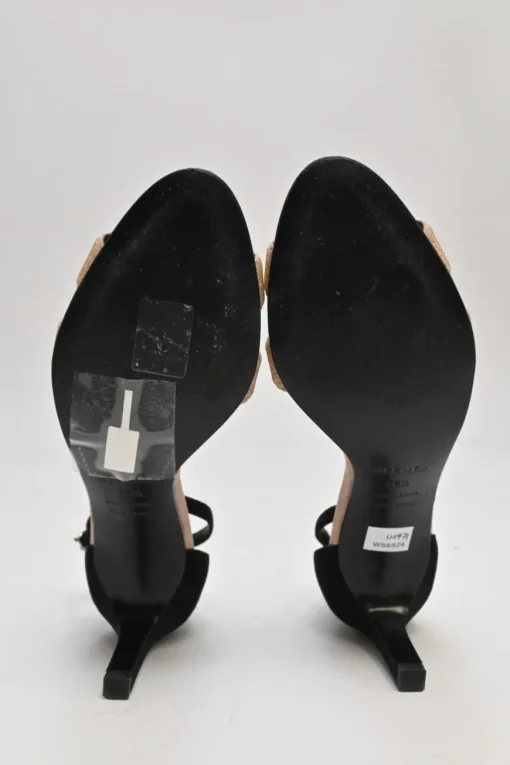 Camel and black glitter-bonded leather and suede almond-toe Premiere ankle strap sandals