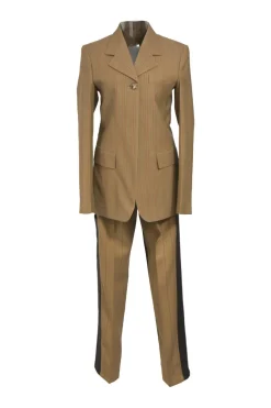 Camel and brown paneled wool striped suit set featuring notch lapel tailored jacket and pleat-front tailored trousers with extended tab closure