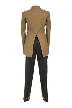 Camel and brown paneled wool striped suit set featuring notch lapel tailored jacket and pleat-front tailored trousers with extended tab closure