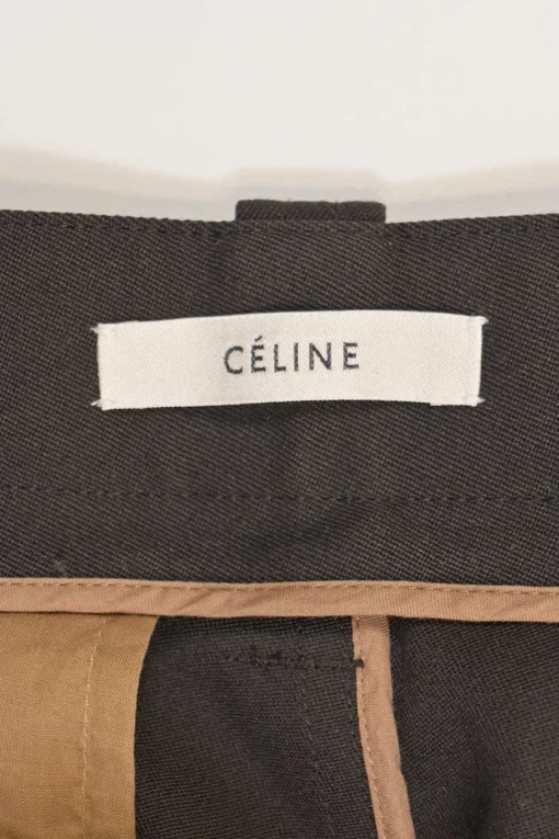 Camel and brown paneled wool striped suit set featuring notch lapel tailored jacket and pleat-front tailored trousers with extended tab closure