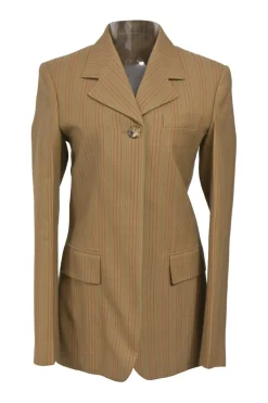 Camel and brown paneled wool striped suit set featuring notch lapel tailored jacket and pleat-front tailored trousers with extended tab closure