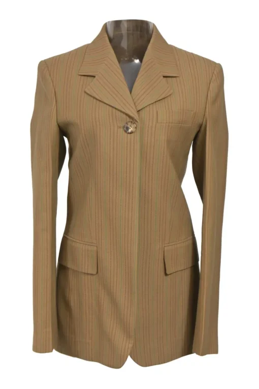 Camel and brown paneled wool striped suit set featuring notch lapel tailored jacket and pleat-front tailored trousers with extended tab closure