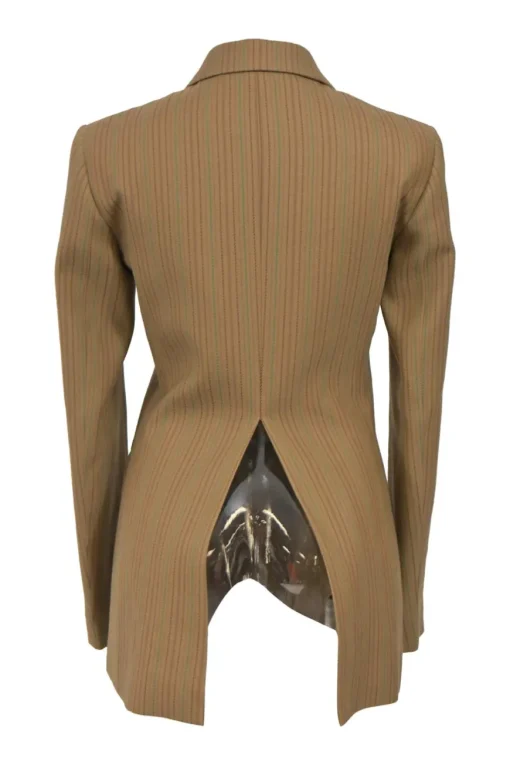 Camel and brown paneled wool striped suit set featuring notch lapel tailored jacket and pleat-front tailored trousers with extended tab closure