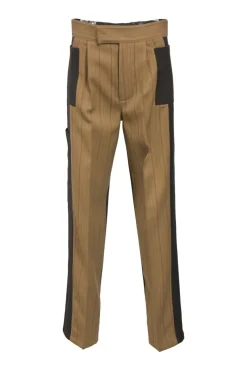 Camel and brown paneled wool striped suit set featuring notch lapel tailored jacket and pleat-front tailored trousers with extended tab closure
