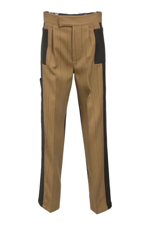 Camel and brown paneled wool striped suit set featuring notch lapel tailored jacket and pleat-front tailored trousers with extended tab closure